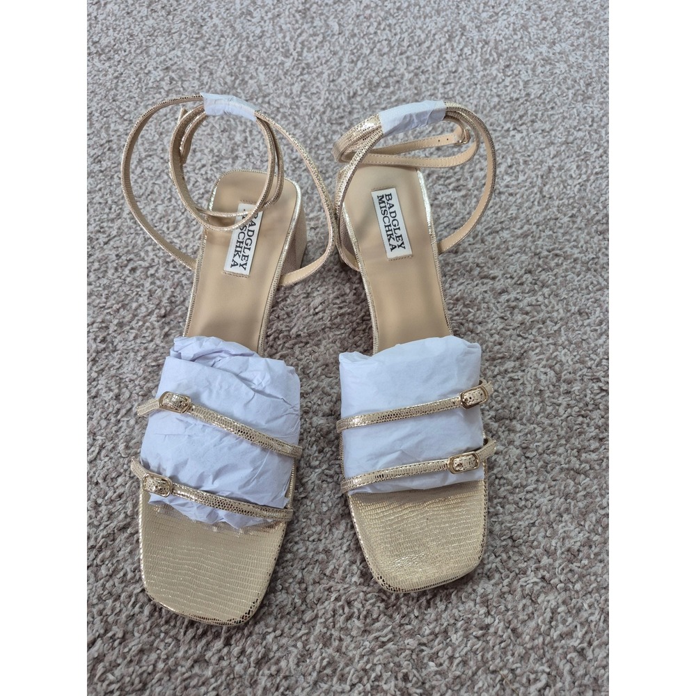 Badgley Mischka Dania Gold Lizard Embossed Block‎ Heel Sandals Size 10 - Picture 3 of 6
